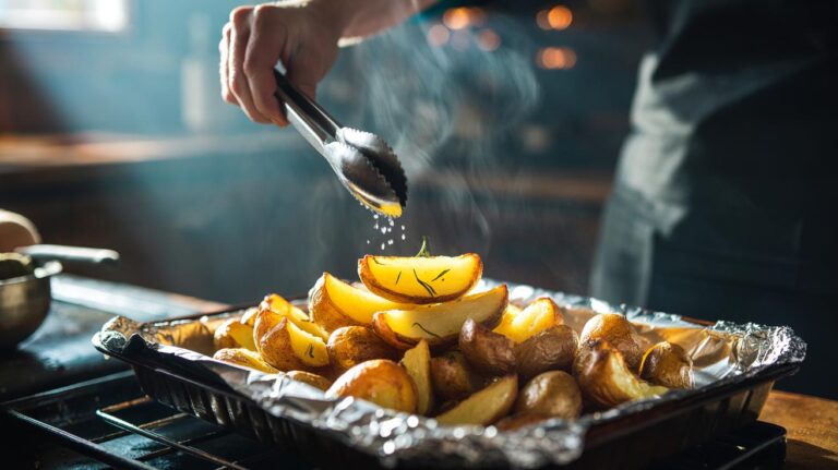 Illustration of crispy roast potatoes on a foil-lined roasting tray