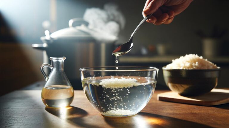 Illustration of rice soaking in water with vinegar before cooking for fluffier, separate grains