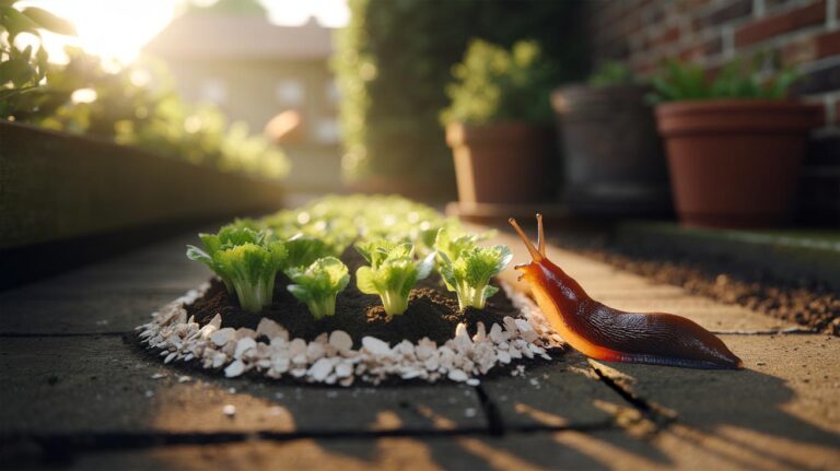 Illustration of crushed egg shells forming a barrier around vegetable seedlings to deter slugs