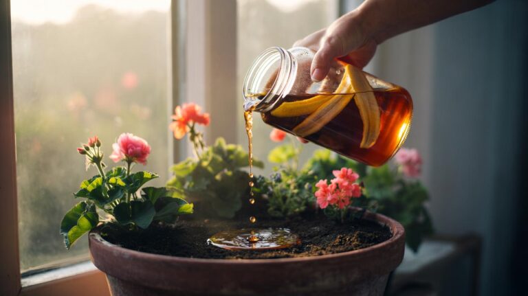Illustration of a jar of banana peel infusion being poured onto the soil of flowering potted plants