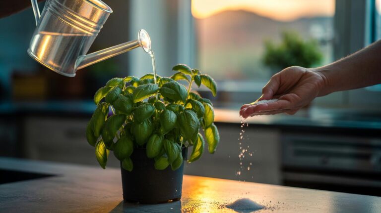Illustration of a potted basil plant being watered with a very dilute salt water solution to enhance growth, aroma, and leaf firmness