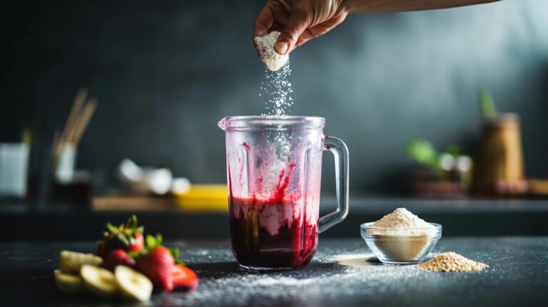 Illustration of rice flour being sprinkled into a smoothie in a blender to improve texture instantly