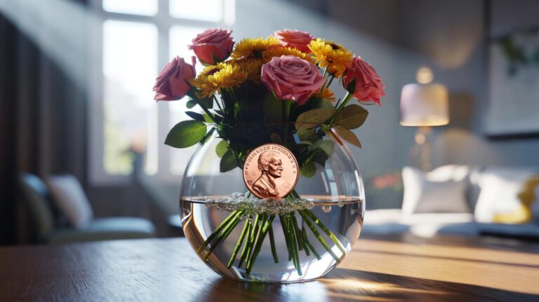 Illustration of a clear glass vase of cut flowers with a copper penny in the water to keep blooms vibrant