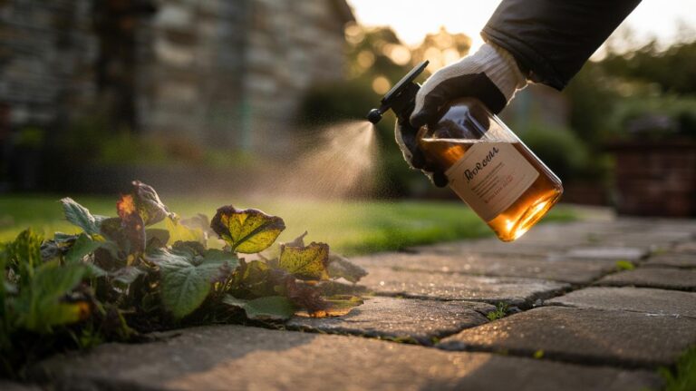 Illustration of a spray bottle applying vinegar to garden weeds on a sunny patio