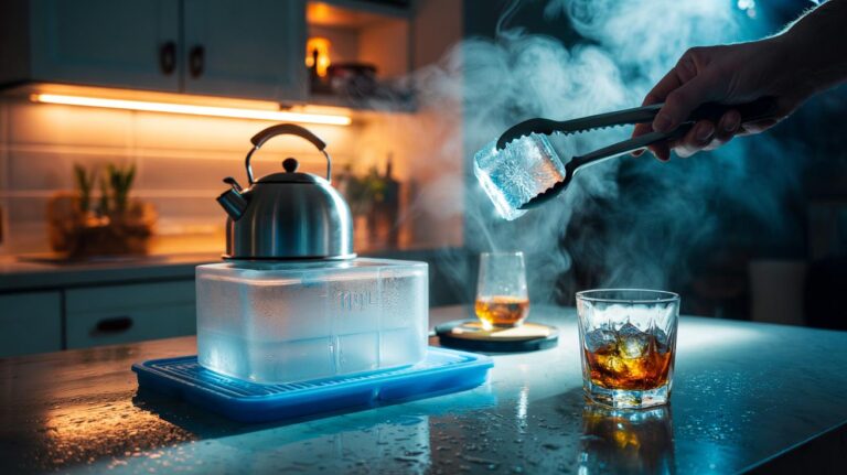 Illustration of crystal-clear ice cubes achieved by boiling water and directional freezing