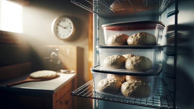 Illustration of cold-fermented pizza dough balls resting overnight in lidded containers inside a refrigerator