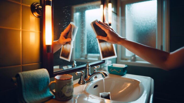 Illustration of using a tea bag to clean a bathroom mirror for a streak-free shine
