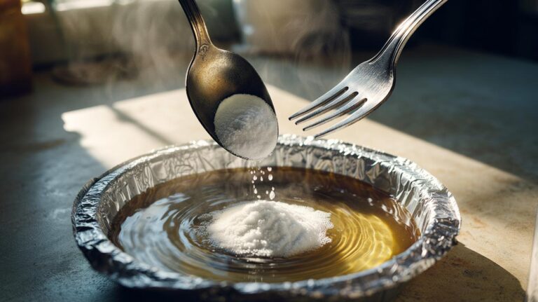 Illustration of baking soda and aluminium foil cleaning dull silverware in a hot water bath, with tarnished cutlery turning bright