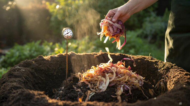 Illustration of onion peels being mixed into a backyard compost pile to accelerate breakdown