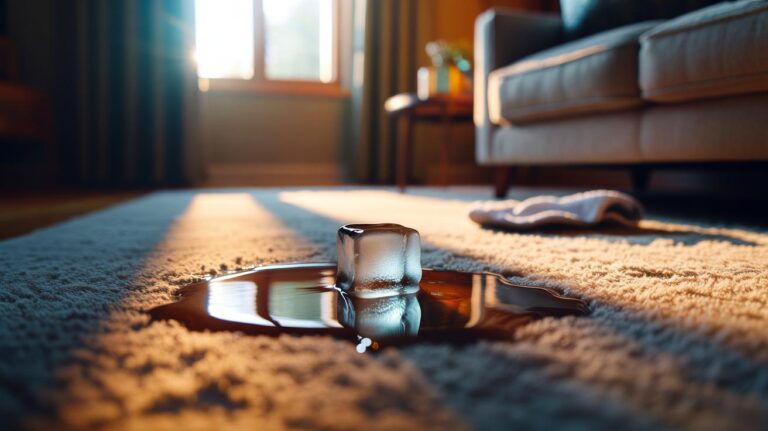 Illustration of a single ice cube melting on a carpet dent